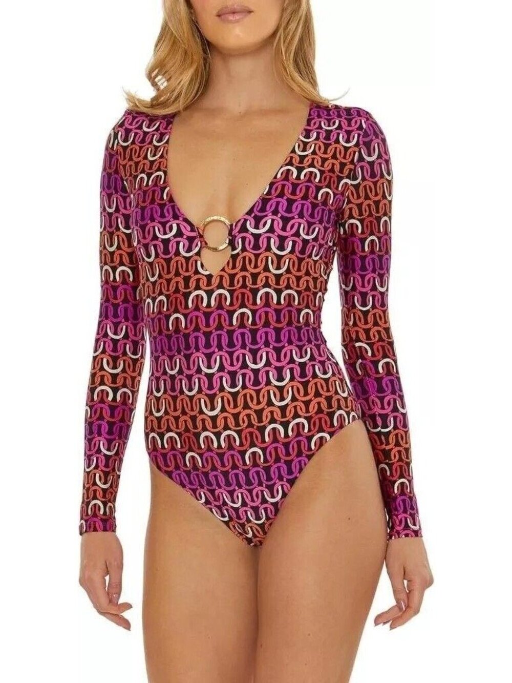 Trina Turk Echo Chain Plunge Long Sleeve One‑Piece Swimsuit XL New with Tag - Picture 2 of 4